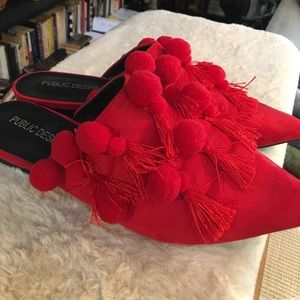 Public Desire Red Pom Pom Mule, size 8